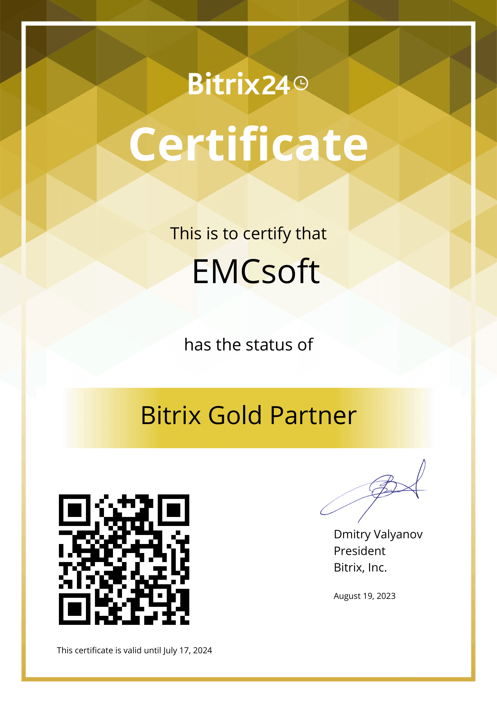 Bitrix24 Gold Partner Certificate
