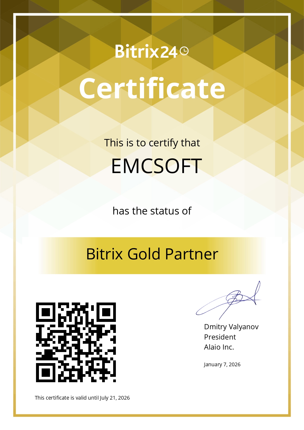Bitrix24 Gold Partner Certificate